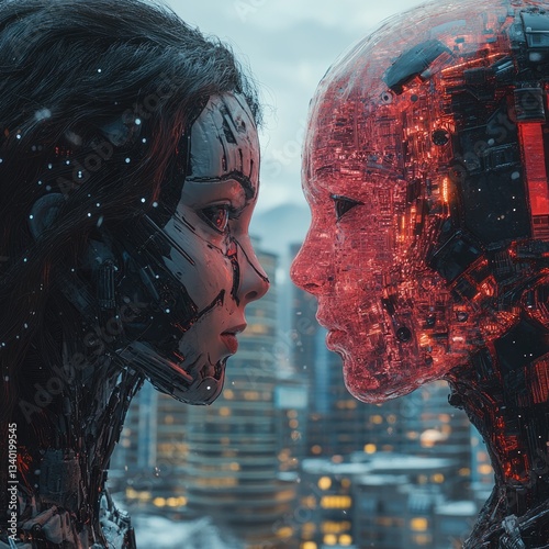 Two futuristic figures, a human and a robot, face each other in a snowy urban setting.  Complex details of mechanical parts and cybernetic enhancements are visible on both photo