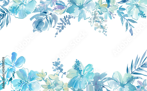 A transparent background with an abstract blue hibiscus flowers, monstera, tropical foliage, and painted in watercolor. A vector frame with tropical plants.