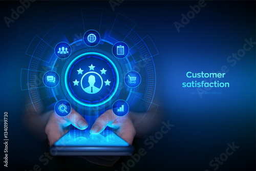 Customer satisfaction. Customer survey and feedback analytics. Using AI and automation technology in marketing for customer service. Smartphone in hands. Using smartphone. Vector illustration.