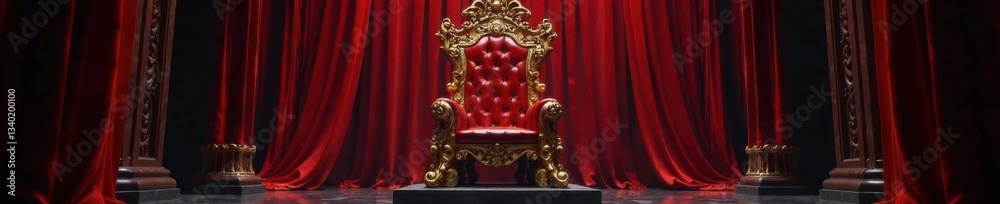 Golden accents adorn luxurious velvet drapes behind a majestic stone throne with regal crown, throne, grandeur Golden accents adorn luxurious velvet drapes behind a majestic stone throne with regal crown, throne, grandeur