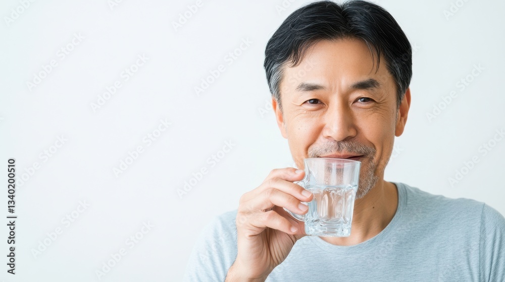 Middle-aged man in light blue shirt drinking from a clear glass Middle-aged man in light blue shirt drinking from a clear glass