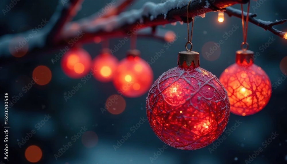 Obraz premium Glowing spherical ornaments suspended from a branch, holiday, tree, ornament