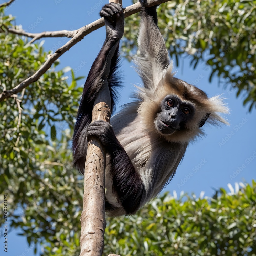 Naklejka premium Playful Curiosity: A Purple-Faced Langur’s Upside-Down Escapade