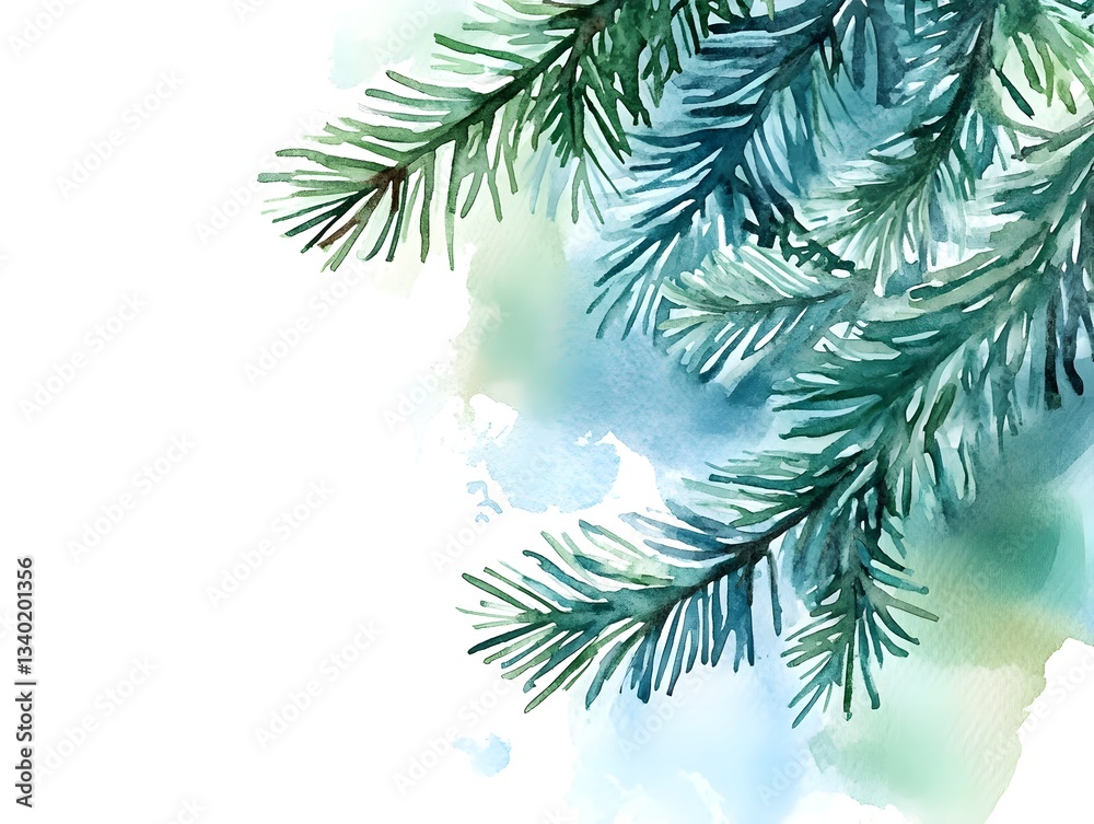 Obraz premium Watercolor Evergreen Branch Teal Green Winter Christmas