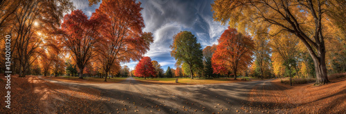 panoramic view of quiet crossroads with extravagantly colorful autumn trees