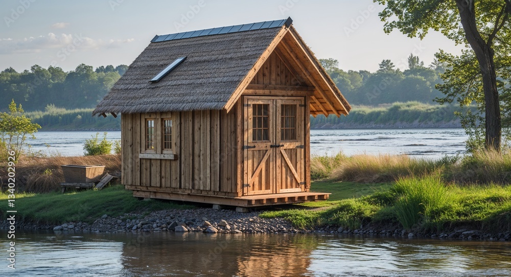 Handcrafted Wooden Outhouse with Slanted Roof Near a Riverbank Handcrafted Wooden Outhouse with Slanted Roof Near a Riverbank