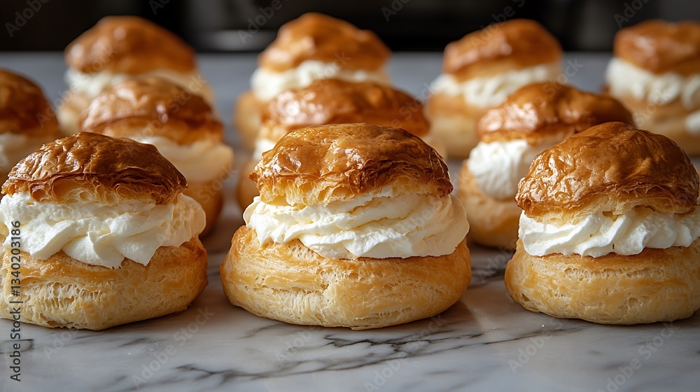 Cream puffs arranged on marble surface. Cream puffs arranged on marble surface.