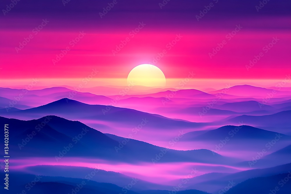Fototapeta premium Majestic purple mountains under a fiery orange sunset lush green valleys below sweeping panoramic view tranquil wilderness