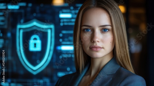 Free Download Confident Businesswoman with Cyber Security Shield on Screen - GFXLoad