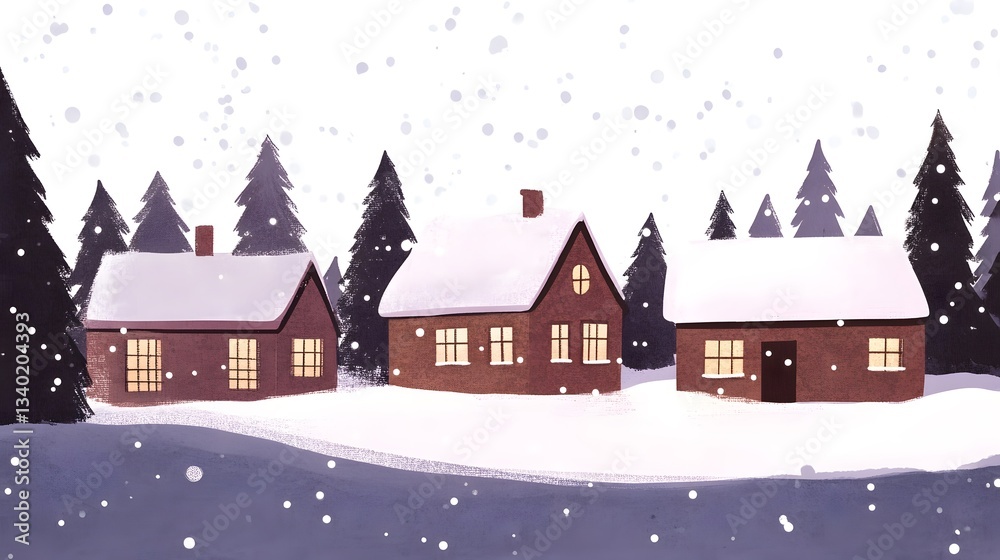 Fototapeta premium Snowy Winter Village Houses Cozy Christmas Scene