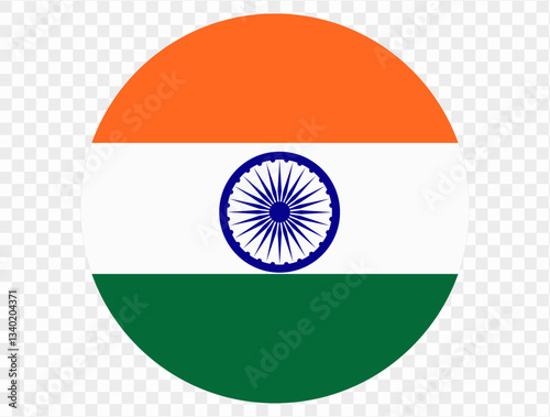 Circular icon featuring the India flag, isolated on transparent PNG background. Perfect for designs and digital. Iconic saffron, white, and green flag with the Ashoka Chakra symbol. vector