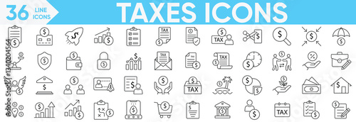 Taxes icon set. tax deduction, payment, tax accounting, financial statement and more.Vector and illustrator set.