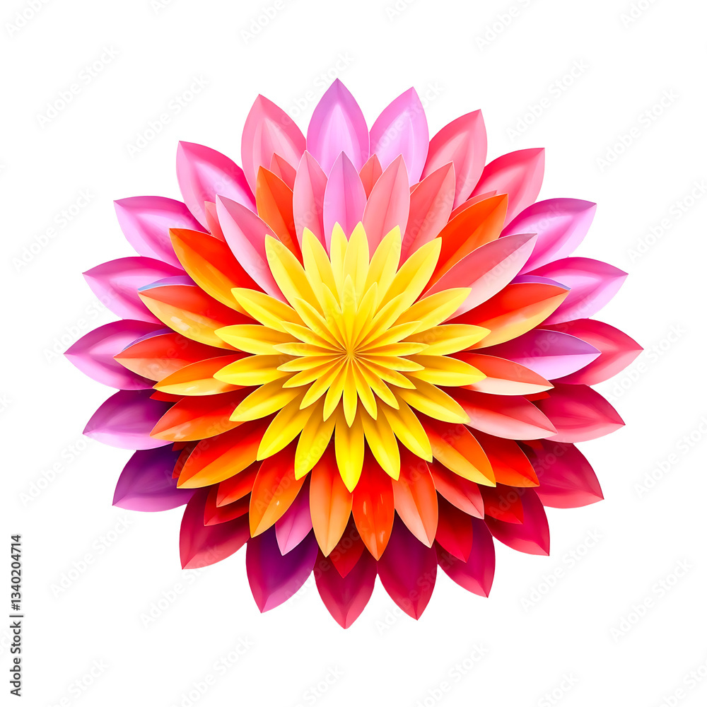 Obraz premium Symmetrical Radial Flower Pattern - Vibrant Gradient Petals in Flat Vector Art Style on White Background.