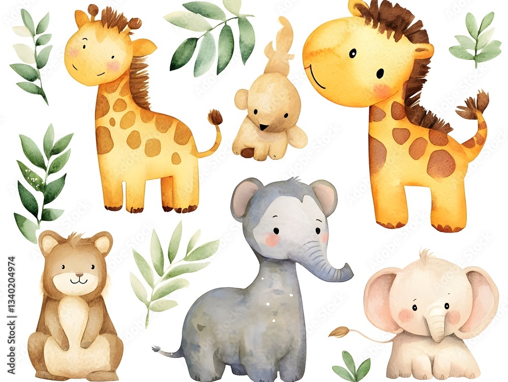 Fototapeta premium Adorable Watercolor Safari Animals Giraffe Elephant Lion Cub Clipart