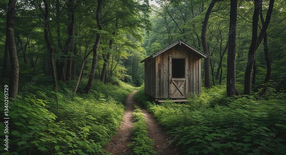 Overgrown Forest Path Leading to a Hidden Wooden Outhouse Overgrown Forest Path Leading to a Hidden Wooden Outhouse