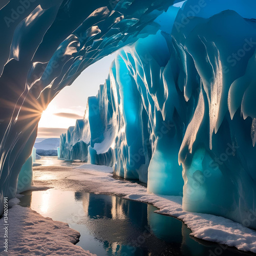 Crystal blue ice cave with sunlight reflecting on the ice walls