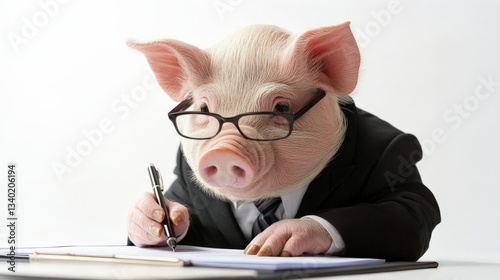 A pig in a classic executive outfit, signing an investment deal, photorealistic, isolated on white background photo