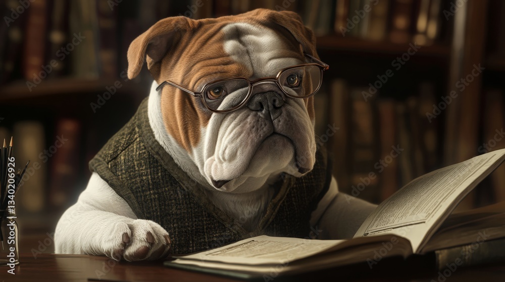 A serious-looking bulldog in a formal vest, reviewing paperwork with reading glasses on his nose. A serious-looking bulldog in a formal vest, reviewing paperwork with reading glasses on his nose.