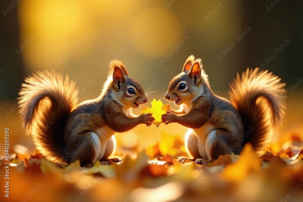 Family of squirrels playing with fallen leaves, fun, seasons, forest Family of squirrels playing with fallen leaves, fun, seasons, forest