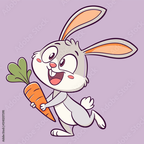 Cute cartoon rabbit happily holding a fresh carrot with a joyful expression in a playful setting

