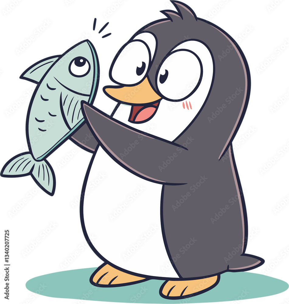 Naklejka premium Penguin excitedly holds a fish with joy in a playful cartoon style