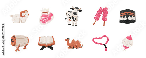 Illustration Eid Al-Adha Festivities and Traditions with Islamic Symbols, Eid Adha Collection. Eid Adha Vector Set