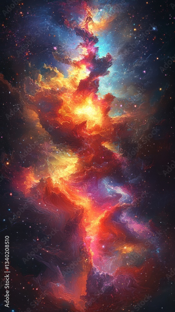 Fototapeta premium Vibrant nebula with swirling colors of red, orange, yellow, and blue against a dark space background. Intense light emanates from the center, creating a dynamic cosmic scene.