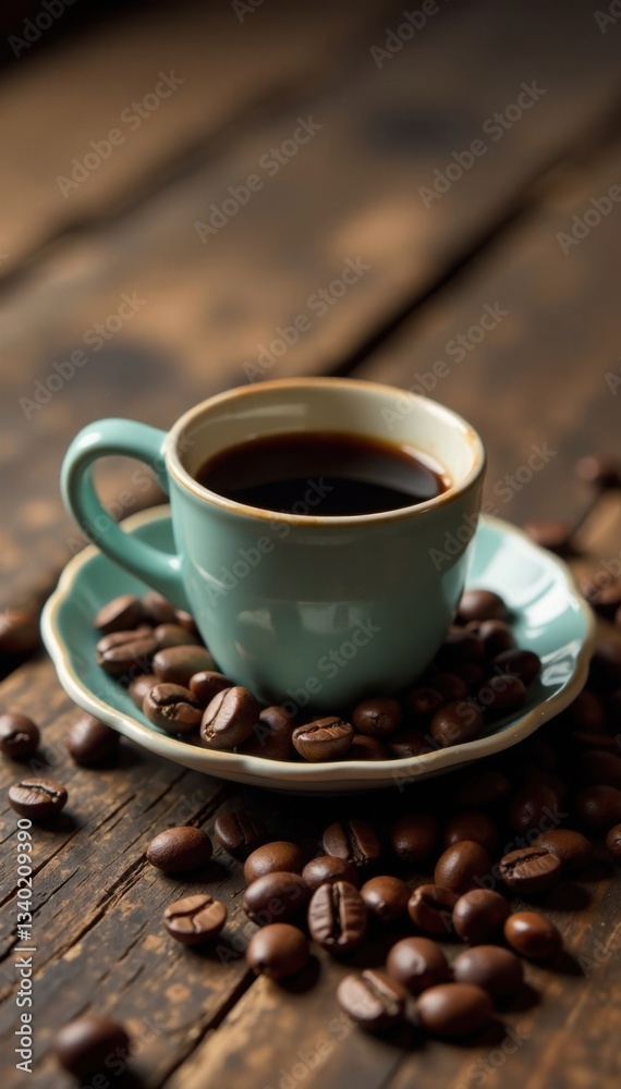 Espresso cup on old wooden table with scattered coffee beans, coffee beans, wooden table Espresso cup on old wooden table with scattered coffee beans, coffee beans, wooden table