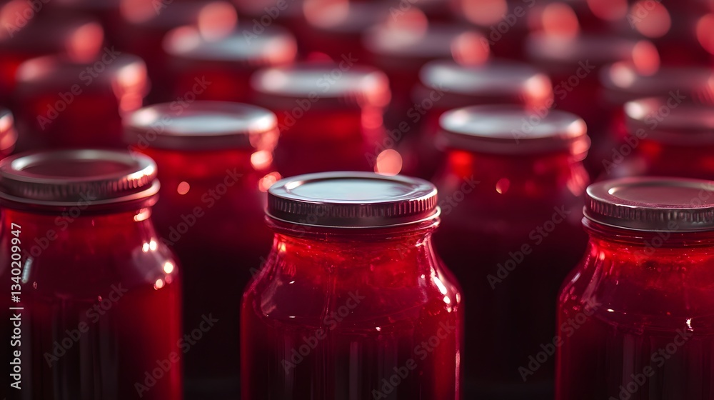 Many glass jars filled with red substance are closely arranged Many glass jars filled with red substance are closely arranged