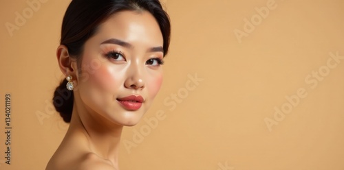 Elegant Asian woman with flawless makeup and luxurious jewelry against a soft beige background, beauty, fashion, makeup