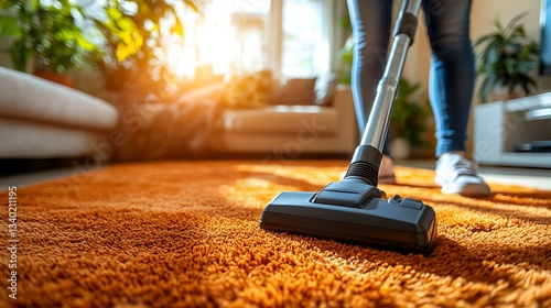 Wallpaper Mural Woman vacuuming orange carpet in sunny living room. Torontodigital.ca