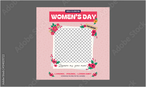 Women's Day Socials Media. Mother's Day card, banner, poster, flyer, label or cover with flowers frame, abstract floral pattern in mid century art style.