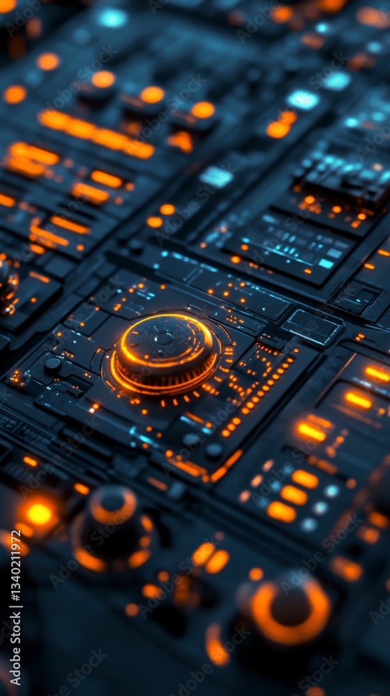 Obraz premium Close up of a futuristic technological control panel with glowing orange and blue lights, intricate circuitry, and various knobs and dials.