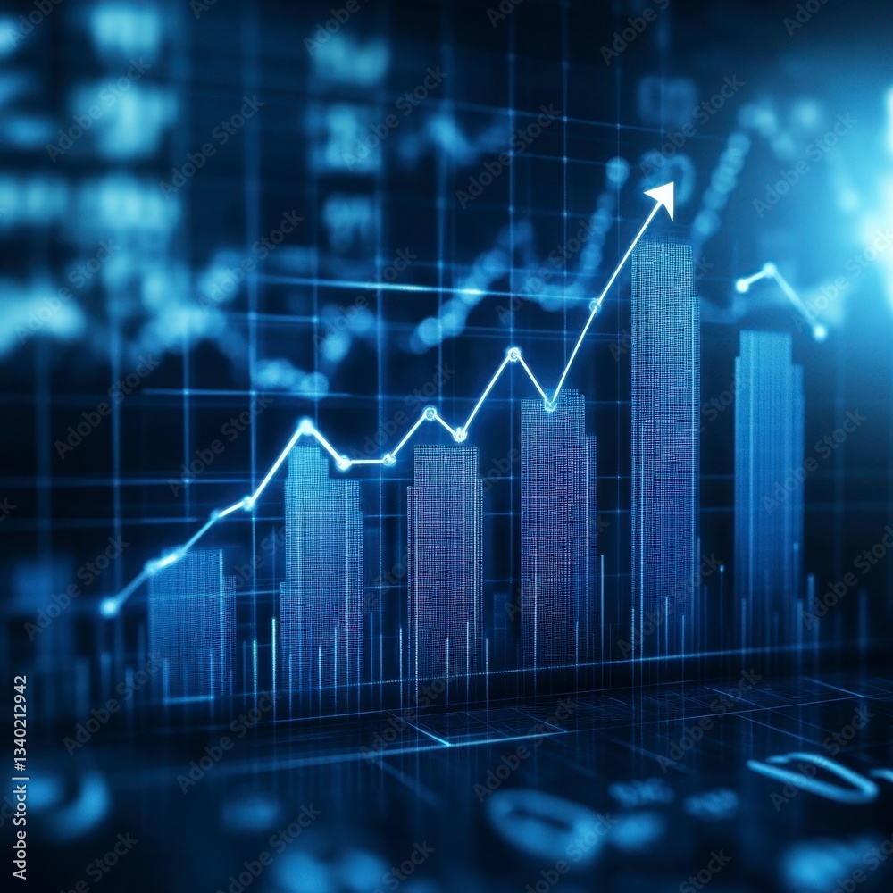 Fototapeta premium Abstract digital cityscape with upward trending graph, glowing blue hues, data points, and grid background. Represents growth and progress in technology or finance.