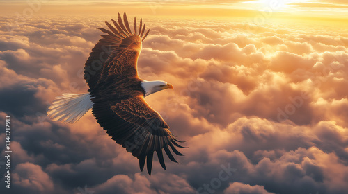 eagle flying above the clouds with a golden sunshine 