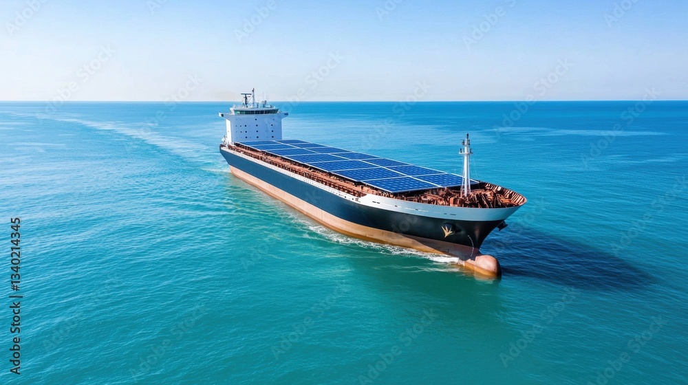 Fototapeta premium Cargo ship navigating through clear blue waters.