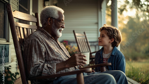 An elderly Black man and his young Caucasian neighbor sitting together on a porch in the Southern U.S., sharing a cup of tea