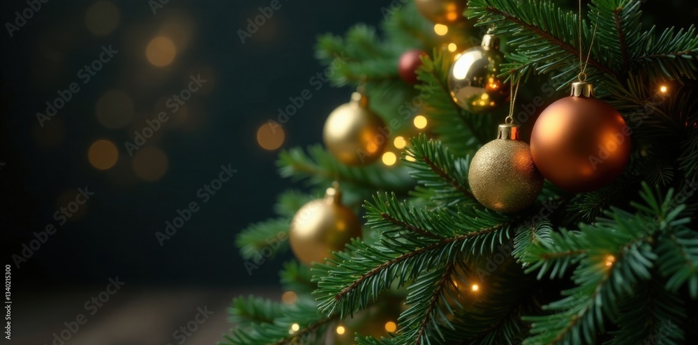 Obraz premium Dense cluster of fir tree branches with golden ornaments and sparkling lights in a darkened room, fir, holiday, home