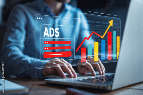 Digital Advertising Strategy (ADS) with Analytics, Growth, and Performance Metrics on Laptop