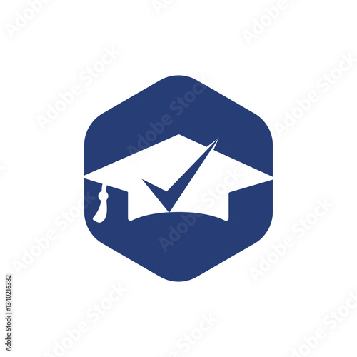 Graduation hat and check mark icon and logo design. Educational and institutional vector logo design template.