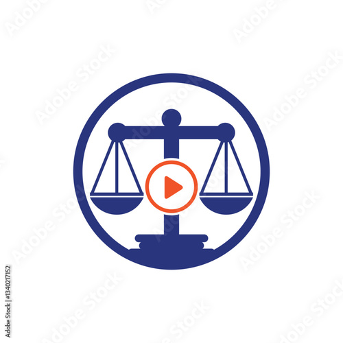 Creative play media law firm vector logo design. Scales and record symbol or icon.	