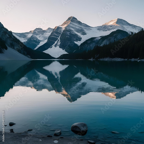 Tranquil alpine lake with perfect reflection of snow mountains