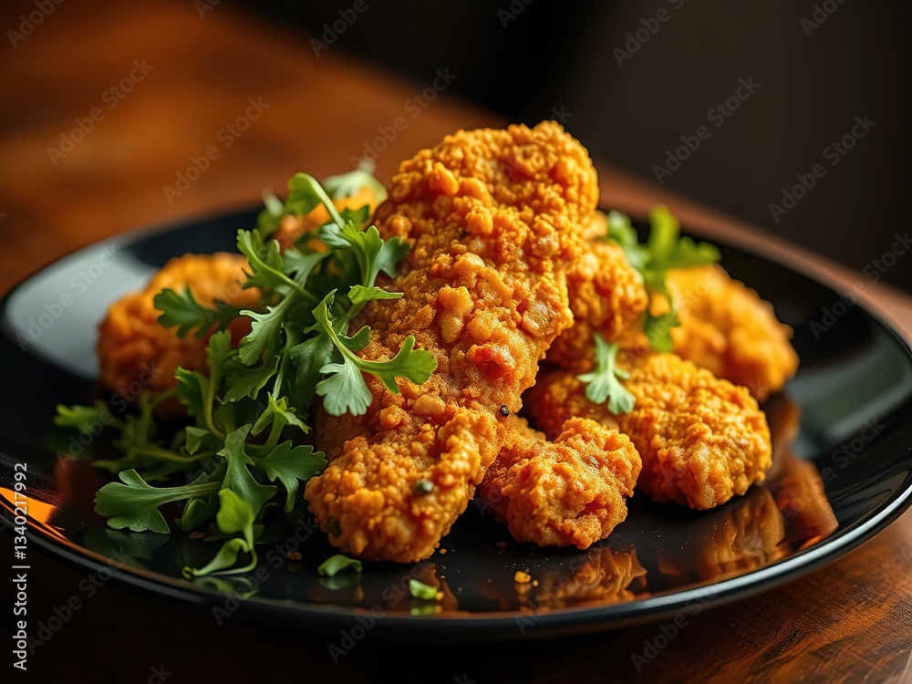 Crispy Fried Chicken & Arugula Salad - Vibrant Black Plate Dish Crispy Fried Chicken & Arugula Salad - Vibrant Black Plate Dish