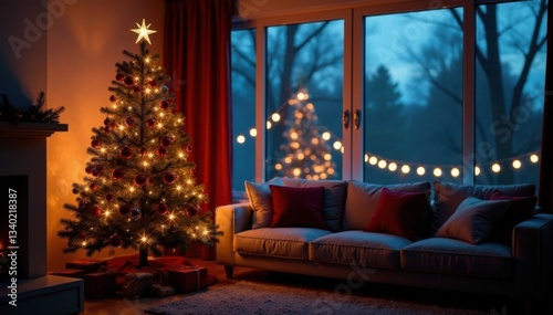 Darkened living room with Christmas tree against a window background, christmas, room, dark