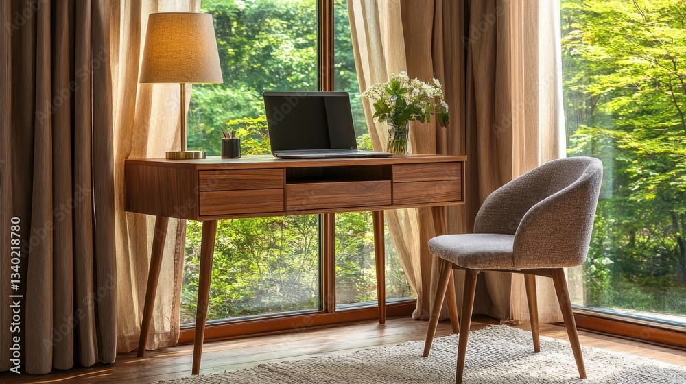 Obraz premium Home office workspace near window with wooden desk, laptop, chair, flowers, and natural light. Neutral color palette.