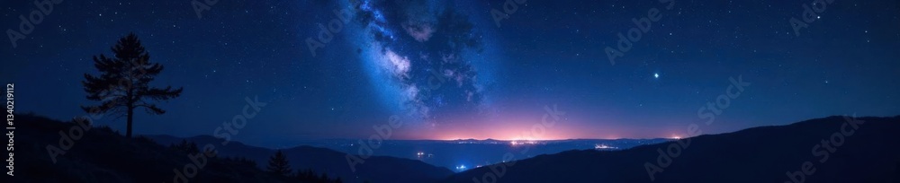 Fototapeta premium Dark night sky with numerous stars and galaxy lights in the distance , night, nebula
