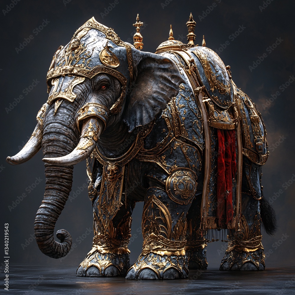 A medieval armored war elephant with golden plating A medieval armored war elephant with golden plating