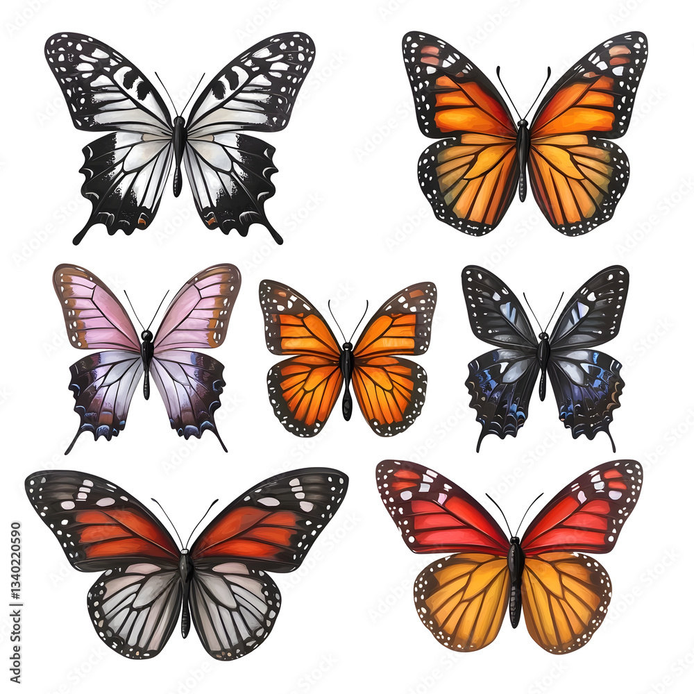 A visually striking array of colorful butterflies in various wing patterns and shapes isolated on a clean white transparent background A visually striking array of colorful butterflies in various wing patterns and shapes isolated on a clean white transparent background