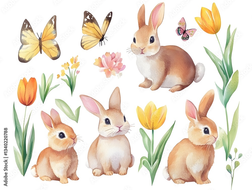Fototapeta premium Adorable Watercolor Easter Bunnies Tulips Butterflies