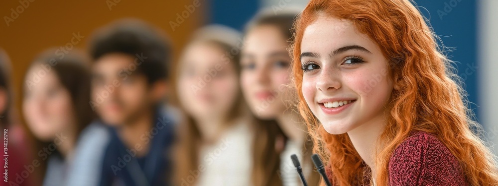 Fototapeta premium Young Girl Smiling at Conference with Peers in Background